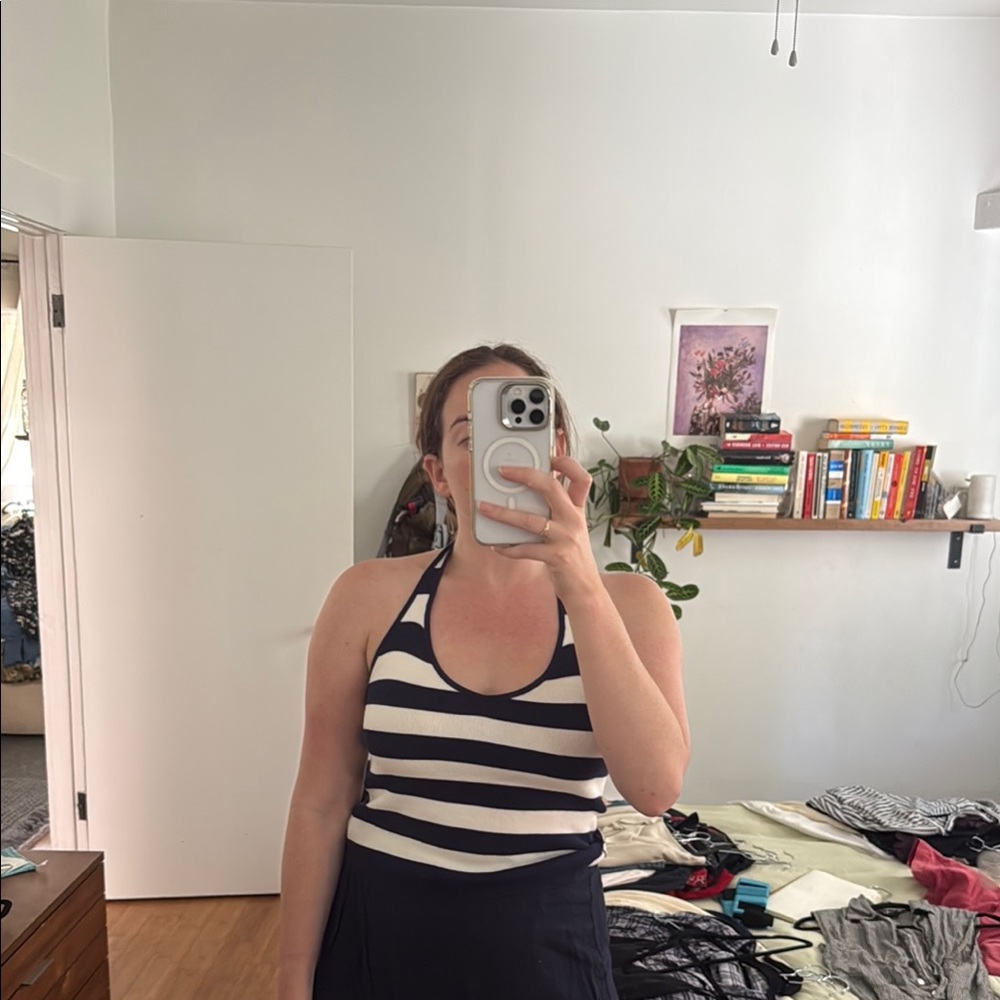 Frankie's Bikinis Navy and White Striped Top